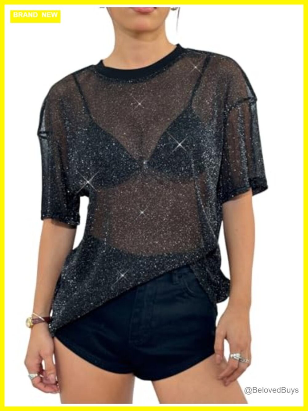 OYOANGLE Sheer Glitter Mesh Top Short Sleeve Rave Concert Party Tee